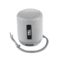Altoparlante bluetooth portatile compatto e wireless in grigio chiaro con comodo cordino. - Grigio