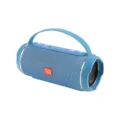 Tragbarer kabelloser Bluetooth-Lautsprecher Detail mit blauem Stoffnetz und Tasten. - Blau