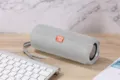 Detailansicht des tragbaren kabellosen Bluetooth-Lautsprechers mit Stoffnetz und Tragegurt. - Grau