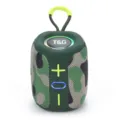 Portable bluetooth speaker detail view showing camouflage pattern, buttons and lanyard. - Camouflage