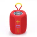 Portable wireless bluetooth speaker detail shot featuring red mesh fabric and yellow strap. - Red