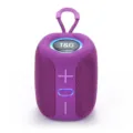 Compact purple wireless Bluetooth speaker featuring LED light and carrying loop for outdoor music. - Purple