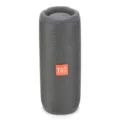 Tragbarer kabelloser Bluetooth-Lautsprecher Nahaufnahme mit grauem Netz und orangeem Etikett. - Grau
