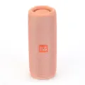 Detailansicht des rosa tragbaren Bluetooth-Lautsprechers mit Stoffnetz und klarem Logo-Etikett. - Rosa
