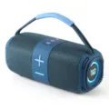 Haut-parleur Bluetooth portable avec lumières LED, design en tissu et sangle de transport pratique. - Bleu