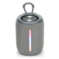 Tragbarer kabelloser Bluetooth Lautsprecher Detailansicht, TWS Bass und RGB Beleuchtung. - Grau