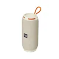 Portable wireless bluetooth speaker featuring fabric mesh and orange lanyard strap. - Gray