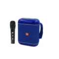 Portable bluetooth speaker detail view with wireless microphone and blue mesh fabric design. - Blue