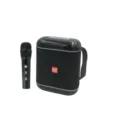 Portable karaoke Bluetooth speaker and microphone set detail view, featuring compact black design. - Black