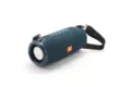 Portable waterproof bluetooth speaker with fabric mesh, deep bass, and convenient shoulder strap. - Blue