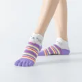 Purple yellow striped five toe yoga socks with cute cat face non slip grip sports socks - One Size / Fresh Purple