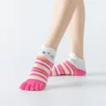 Pink white stripe five finger yoga socks with cute cat face, non-slip grip soles for fitness. - One Size / Strawberry Red