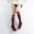 Japanese style college knee high socks dual stripe athletic yoga socks for women daily wear - One Size / Burgundy