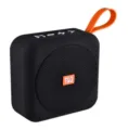 Tragbarer kabelloser Bluetooth-Lautsprecher mit orangefarbenem Gurt und starkem Bass. - Schwarz