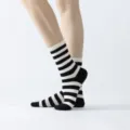Black and white striped yoga socks for women, mid-calf non-slip pilates socks variant. - One Size / Black Thin Stripes