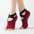 Rutschfeste offene Zehen Yoga Socken mit elastischen Kreuzriemen für Damen Fitness. - Einheitsgröße / Burgunderrot