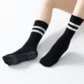 Non-slip yoga pilates socks for women, black long crew socks with grip soles and white stripes. - One Size / Double Stripe Style - Black and White Stripes