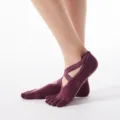 Women's cross strap open toe yoga socks, dark purple non slip five toe fitness socks - One Size / Wine Red (Full Toe)