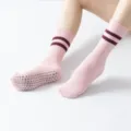 Pink yoga pilates socks with grip anti-slip dots and striped cuffs for women fitness. - One Size / Double Stripe Style - Pink Stripes