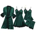 Dames sexy satijn pyjama set vierdelige donkergroene ochtendjas camisole short details - Donkergroen