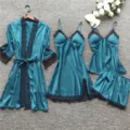 Sexy vierdelige Satijnen pyjamaset voor dames, comfortabele loungewear met kant en kussentjes. - Teal