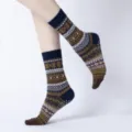 Retro etnische stijl dikke thermische yoga vloersokken voor dames winter gezellige antislip sokken - Eén maat / Navyblauwe bloem (koffiekleurige teen)