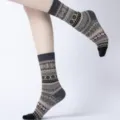 Vintage ethnic knit winter thermal knee high yoga floor socks in dark grey color variant - One Size / Gray & Pink Flower (Black Toe)