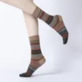Retro Nordic style thick thermal yoga floor socks for women with anti-slip grip sole design - One Size / Khaki Flower (Dark Green Toe)