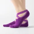 Purple non-slip cross strap yoga socks for women, perfect for pilates and dance practice. - Cross Loop-Pile / Crisscross Terry - Dark Purple