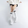 Women Japanese college style double stripe knee high yoga socks white casual athletic tube socks - One Size / White Black Stripes