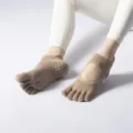 Women Beige Five Toe Yoga Socks Non Slip Pilates Grips Cutout Athletic Footwear Sport - One Size / Full-Toe Mocha