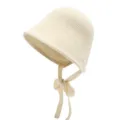 Women's knitted bucket hat with chin ties, warm winter wool cap, stylish beige headwear for daily wear - 56-60cm (One Size) / Beige