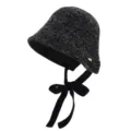 Womens wool bucket hat with black tie ribbon, dark grey knitted winter basin hat SKU - 56-60cm (One Size) / Gray