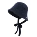 Korean style autumn winter women wool bucket hat with tie stylish dark blue knit basin hat - 56-60cm (One Size) / Navy Blue