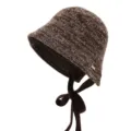 Brown knit bucket hat for women winter warm wool blend cap with stylish chin ties headwear - 56-60cm (One Size) / Coffee