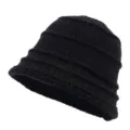 Women autumn winter black knitted bucket hat textured pleat roll brim basin hat stylish - 56-60cm (One Size) / Black