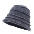 Dark grey knit bucket hat with horizontal pleats, cozy textured rolled brim winter hat for women. - 56-60cm (One Size) / Navy Blue