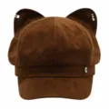 Brown cat ear octagonal hat sweet newsboy cap suede beret with metal rings and letter G decor - 54-58cm (One Size) / Brown