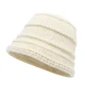 Women's Off-White Knitted Bucket Hat Winter Warm Texture Roll-up Brim Casual Knit Hat - 56-60cm (One Size) / Beige