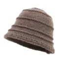 Brown knitted bucket hat with horizontal pleats, stylish autumn and winter warm woolen cap. - 56-60cm (One Size) / Brown