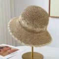 Women hollow woven straw sun hat summer beach UV protection bucket hat fisherman hat - One Size / Khaki