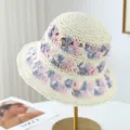 Handcrafted crochet straw bucket hat with floral pattern for women summer beach vacation sun protection - One Size / Beige Blue Floral
