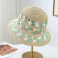 Crochet Straw Bucket Hat Summer Beach Sun Hat Colorful Floral Hollow Out Casual Vacation - One Size / Khaki With Green Floral