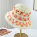 Handmade crocheted straw bucket hat with floral hollow pattern, stylish summer sun beach hat for women. - One Size / Beige Orange Floral