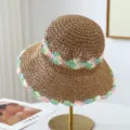 Summer floral woven straw hat, large brim sun protection beach fisherman hat for women. - One Size / Khaki