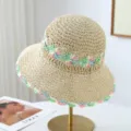 Pastoral straw hat with colorful floral weave, wide brim summer beach sun protection fisherman hat - One Size / Light Khaki