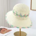 Beige straw sun hat with colorful woven floral trim, summer beach vacation floppy hat. - One Size / Beige