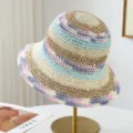 Colorful rainbow woven straw bucket hat for women, summer large brim sun protection beach sunhat - One Size / Light Khaki