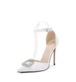 Elegant white pointed-toe high heels with sparkling rhinestone square buckle and ankle strap. - 35 / White
