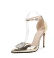 Zapatos de tacón dorados con punta y hebilla de cristal, elegantes zapatos de verano. - 35 / Dorado